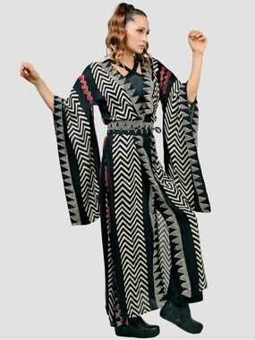 Alexai Black & Cream Chevron Mexican Kimono Maxi Dress with Subtle Red Accents
